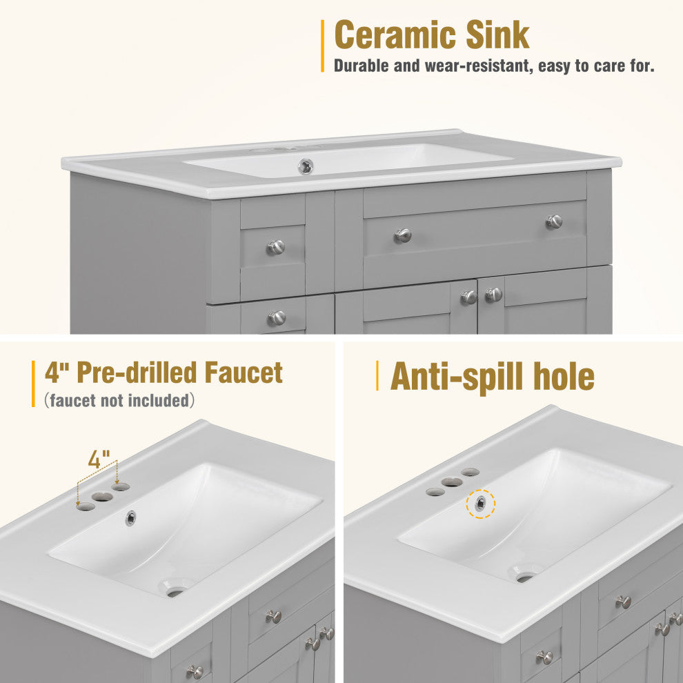 30 Inch MDF Freestanding Bathroom Vanity Set with Ceramic Sink, Grey