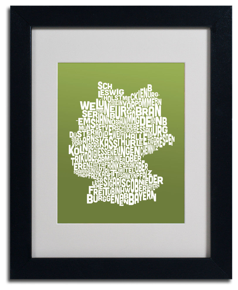 'Germany Regions Map - Olive' Matted Framed Canvas Art by Michael Tompsett