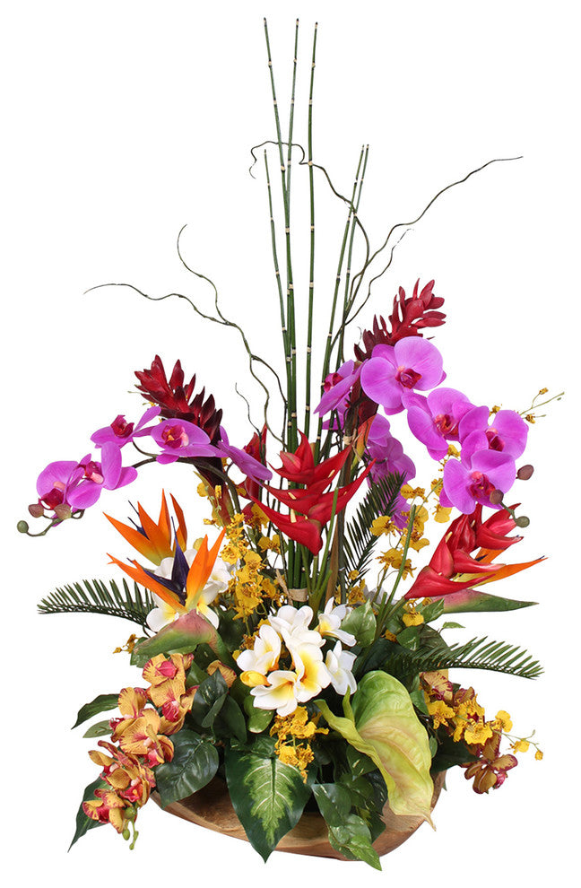Exotic Tropical Silk Flower Arrangement in Teakwood Bowl