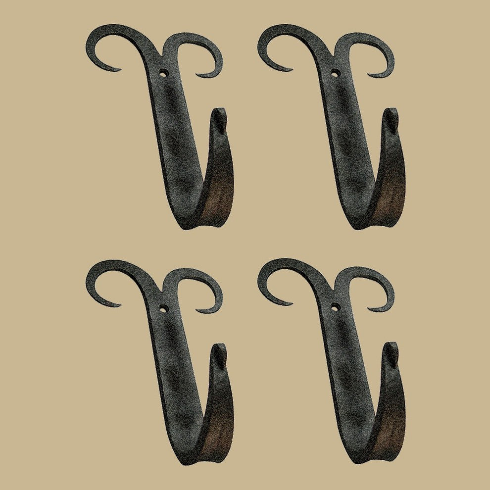 4 Coat Hat Robe Hooks Wrought Iron Black Scroll 5" |