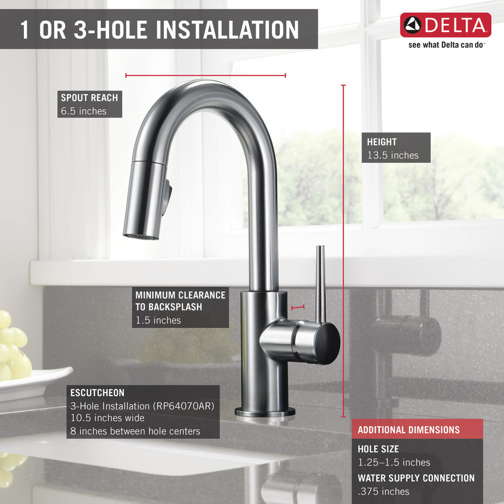 Delta Trinsic Single Handle Pull-Down Bar / Prep Faucet, Arctic Stainless