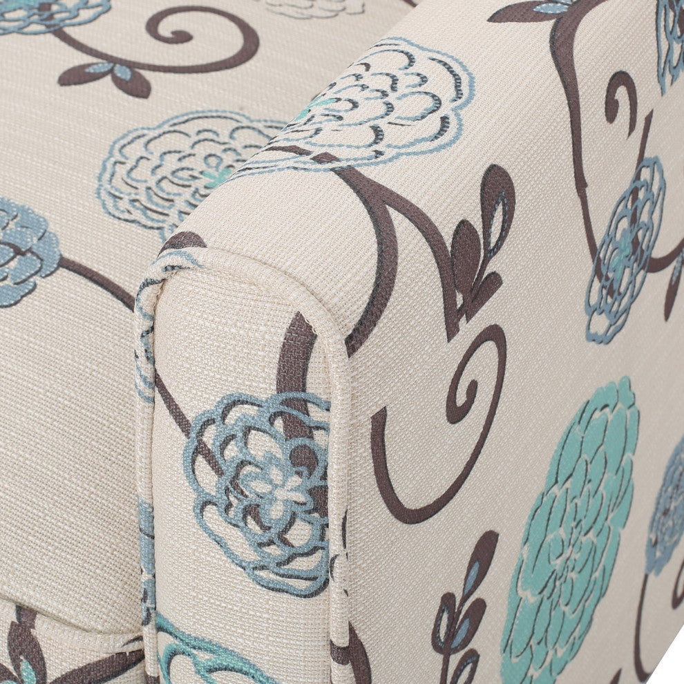 Susan Fabric Recliner, Set of 2, Light Beige With Blue Floral and Dark Brown