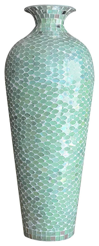 Home Decor Geometric Pattern Metal Floor Vase with Glass Mosaic in Mint Green