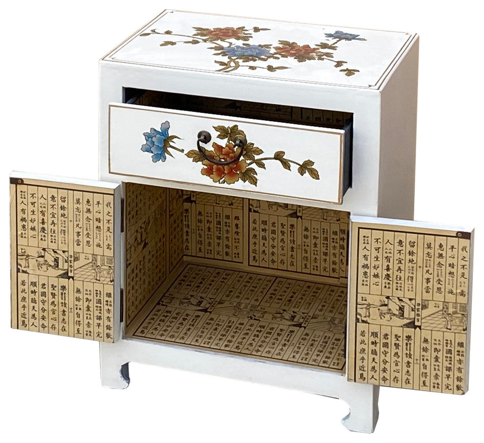 Chinese Off White Vinyl Moon Face Flower End Table Nightstand Hcs7130