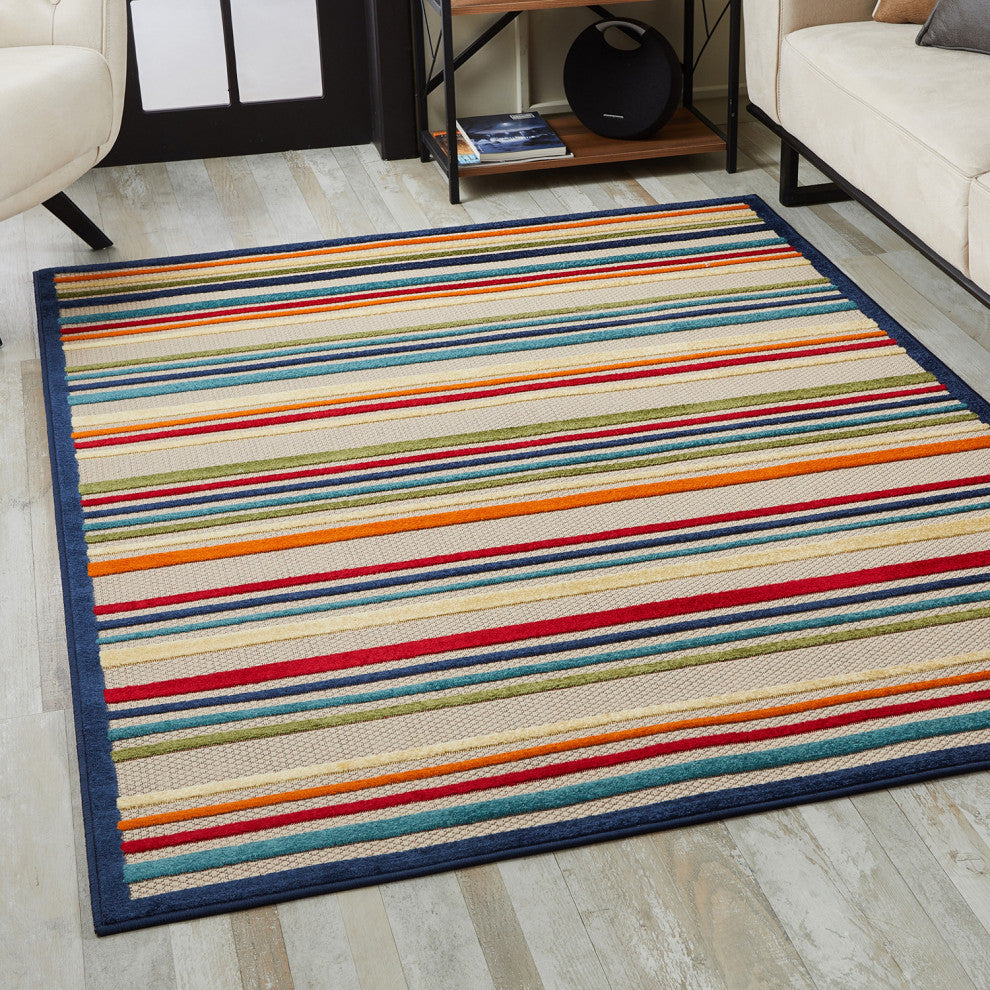 8"x10" Navy Colorful Striped Indoor Outdoor Area Rug