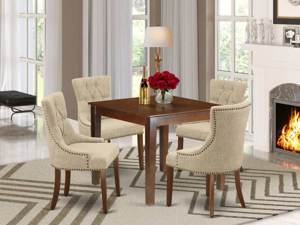 5Pc Dining Set, Square Table, Four Parson Chairs, Doeskin Fabric, Mahogany
