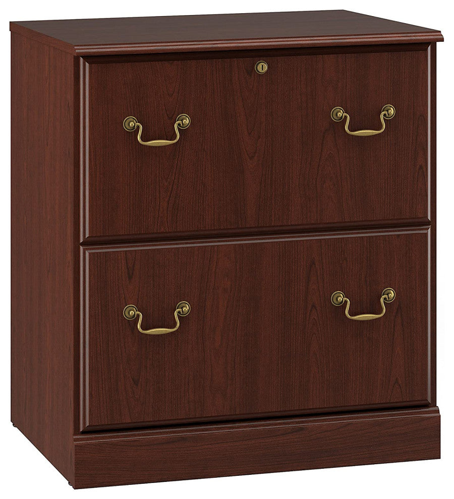 Transitional Lateral File Cabinet, 2 Storage Drawers With Brass Finished Handles