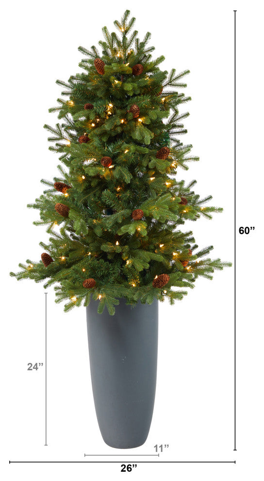 5' Yukon Mountain Fir Faux Xmas Tree W/Lights, Pinecones & 386 Bendable Branches