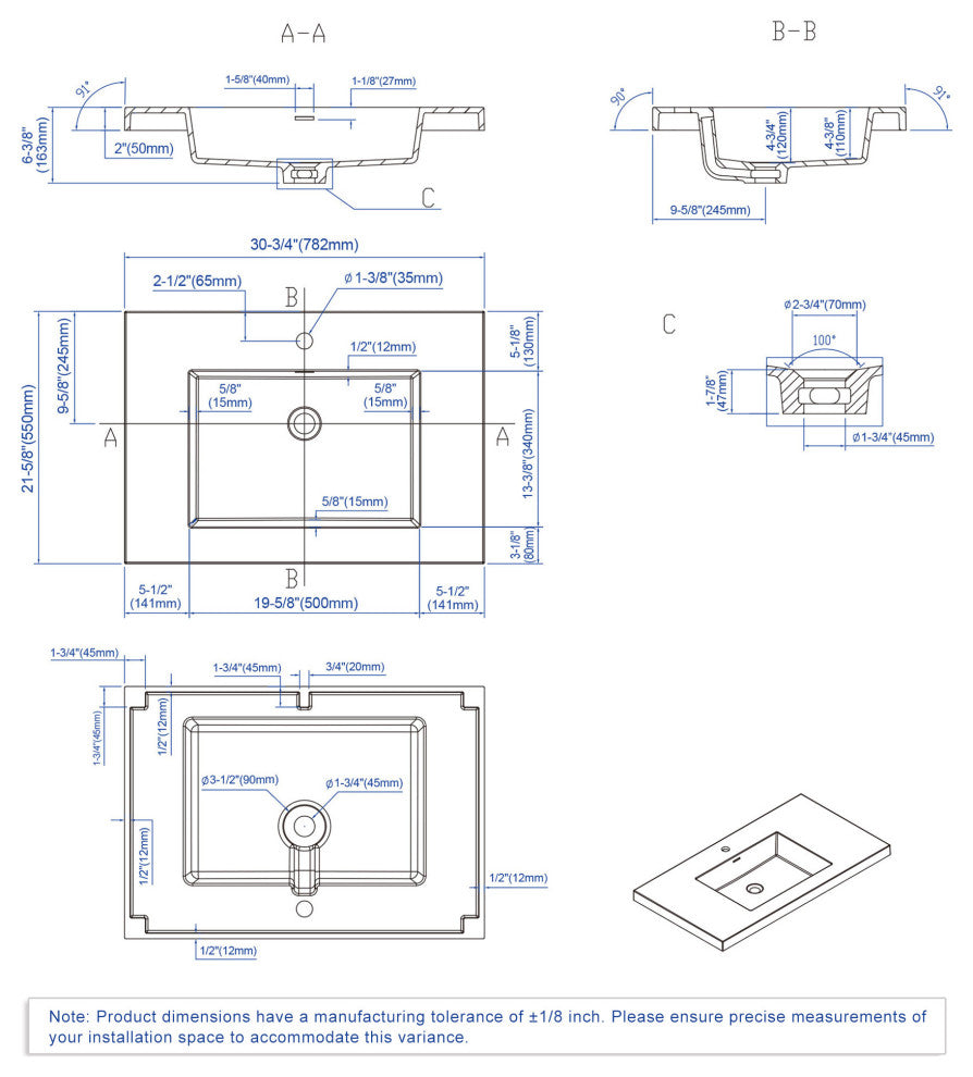 Dowell 22" FTB Resin Bathroom Vanity Basin, White, 32wx22dx6h