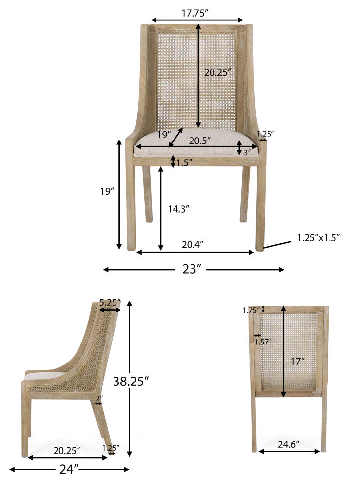 Wendell Rustic Fabric Upholstered Wood and Cane Dining Chairs, Set of 2, Beige