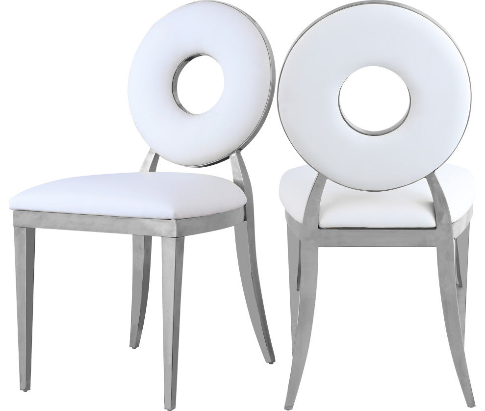 Carousel Upholstered Dining Chair, Set of 2, White Vegan Leather, Chrome Finish