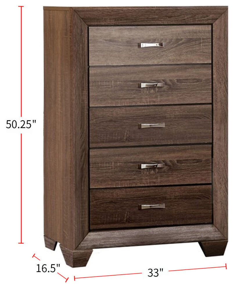 Wood Chest with 5 Drawers, Washed Taupe