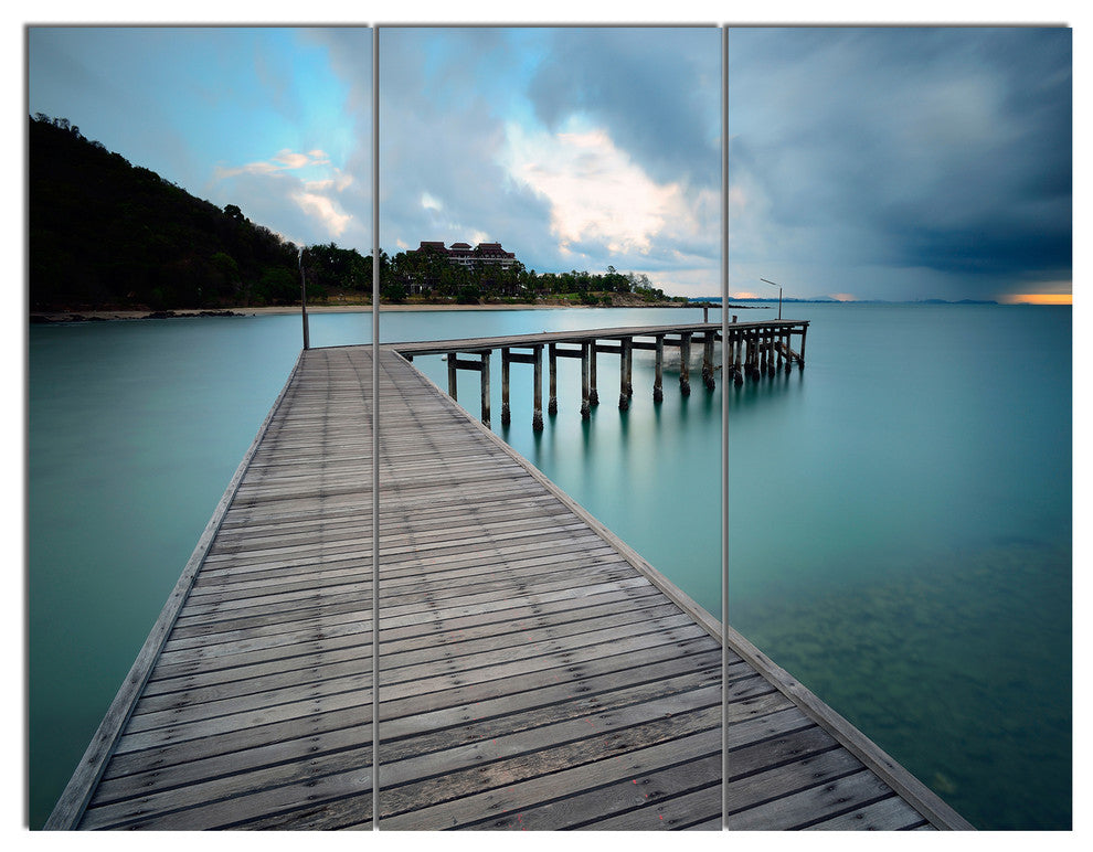 Wooden Bridge to Calm Ocean, Modern Triptych Canvas Art Print, 36x28, 3 Panels