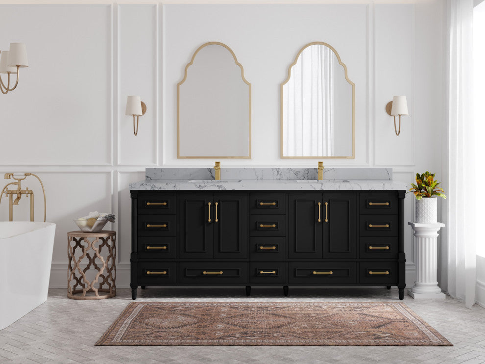 Aberdeen 84 Double Sink Bath Vanity in Black 2" Venatino Quartz