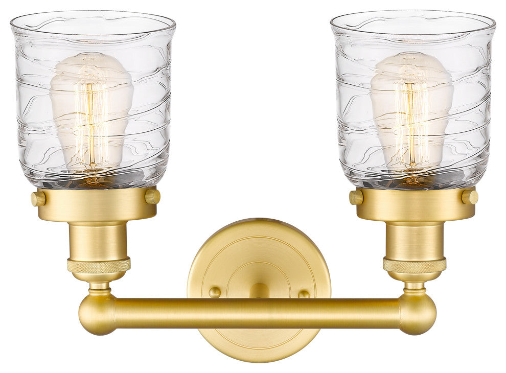 Edison Small Bell 2-Light 16" Bath Vanity Light, Satin Gold, Clear Deco Swirl