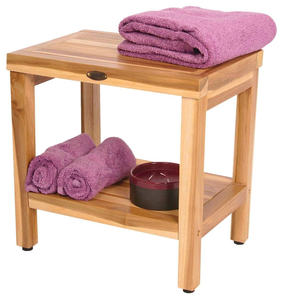 EcoDecors EarthyTeak Classic Teak Shower Bench With Shelf, 18"