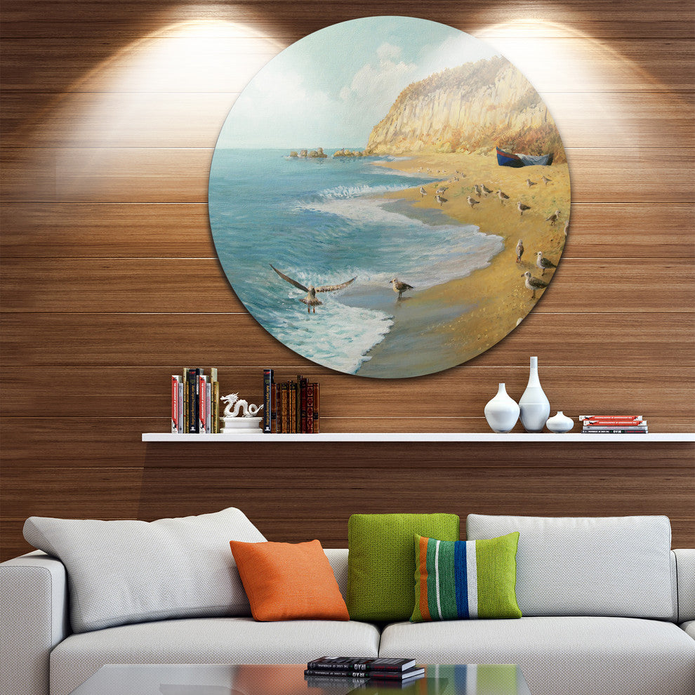 The Calm Beach, Landscape Painting Large Disc Metal Wall Art, 23"