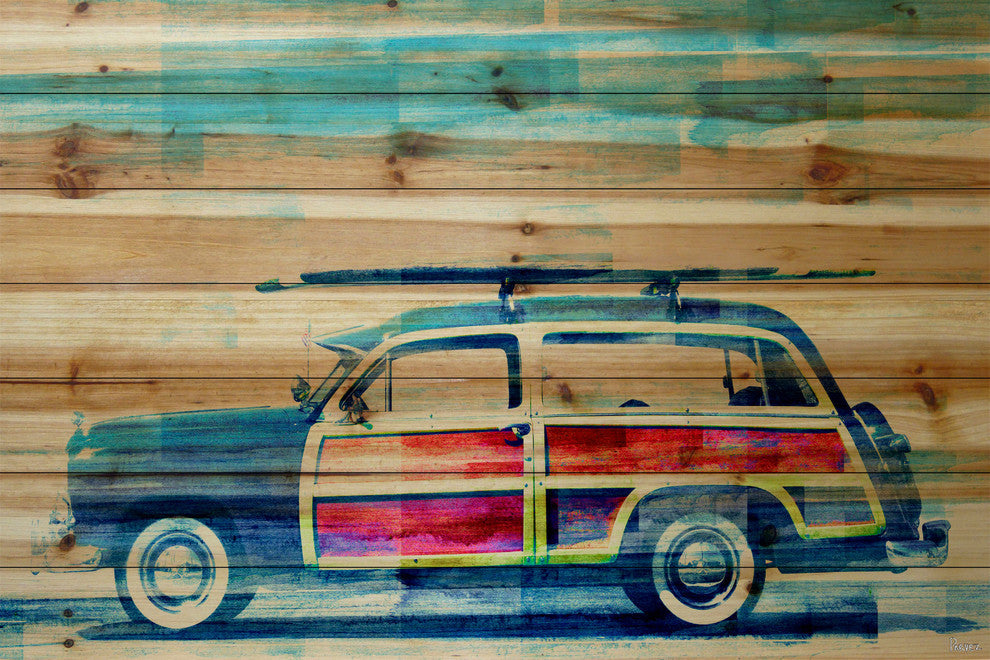 "Surf Day" UV Ink Print on Natural Pine Wood, 60"x40"