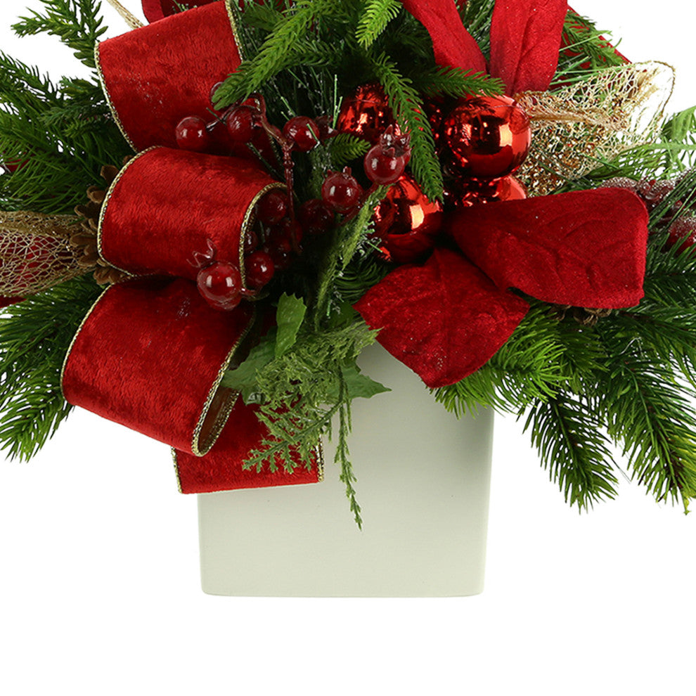 Evergreen Holiday Arrangement with Ornaments and Bows