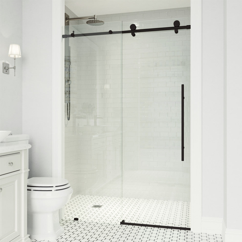 VIGO Elan E-Class 68" to 72" W x 76" H Frameless Sliding Shower Door, Matte Black, Clear Glass