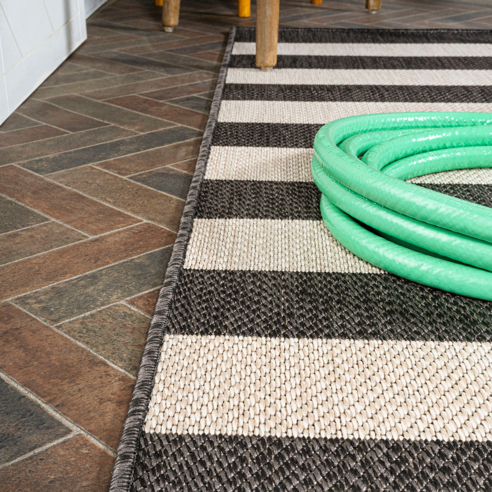 Negril Two-Tone Wide Stripe Indoor/Outdoor Area Rug, Black/Beige, 8x10