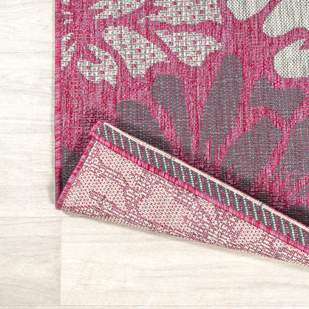 Zinnia Modern Floral Textured Weave Indoor/Outdoor, Fuchsia/Light Gray, 2x8