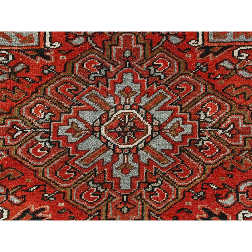Tomato Red Hand KnottedVintage Persian Heriz Worn Down Oriental Rug 9'9"x12'4"
