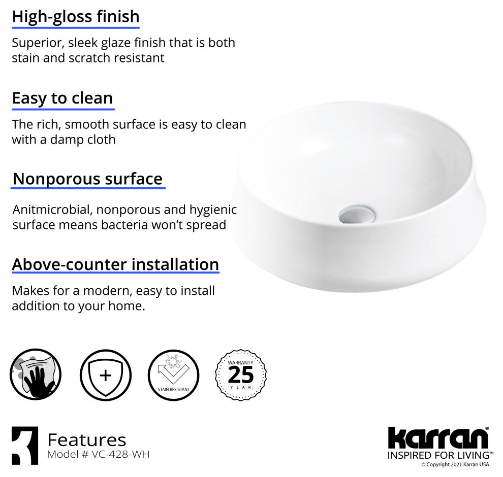 Karran VC-428-WH Valera 18" Vitreous China Vessel Bathroom Sink, White