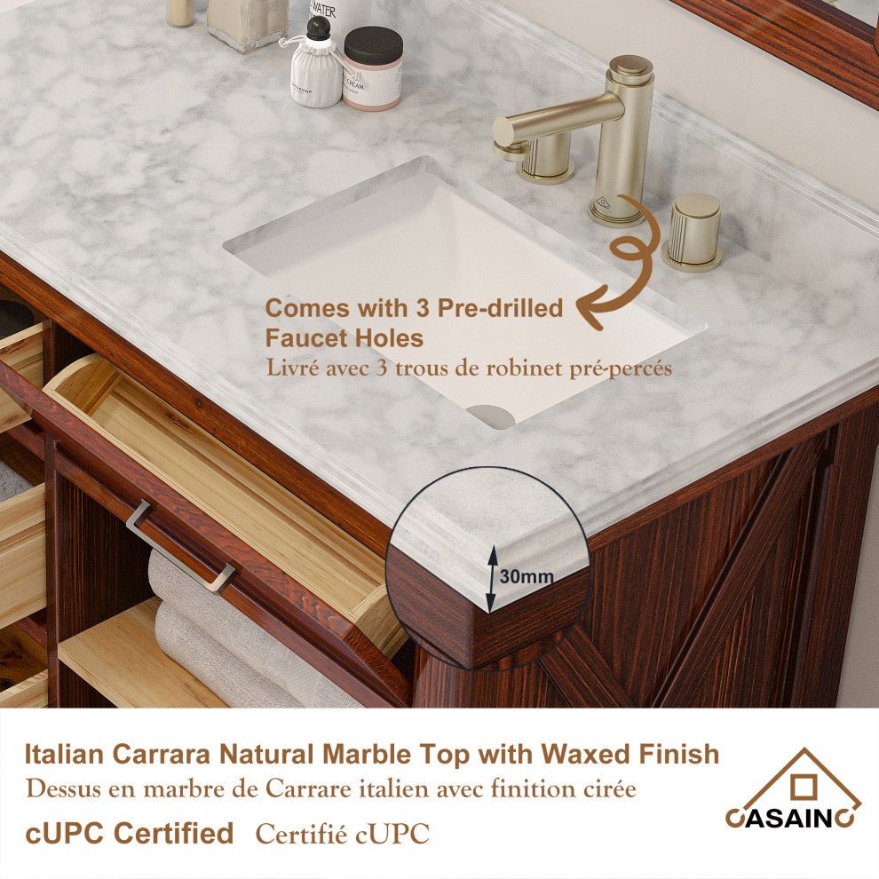 Freestanding Bath Vanity in Brown with White Carrara Marble Top, 60in