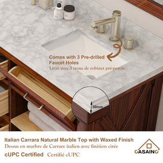 Freestanding Bath Vanity in Brown with White Carrara Marble Top, 60in