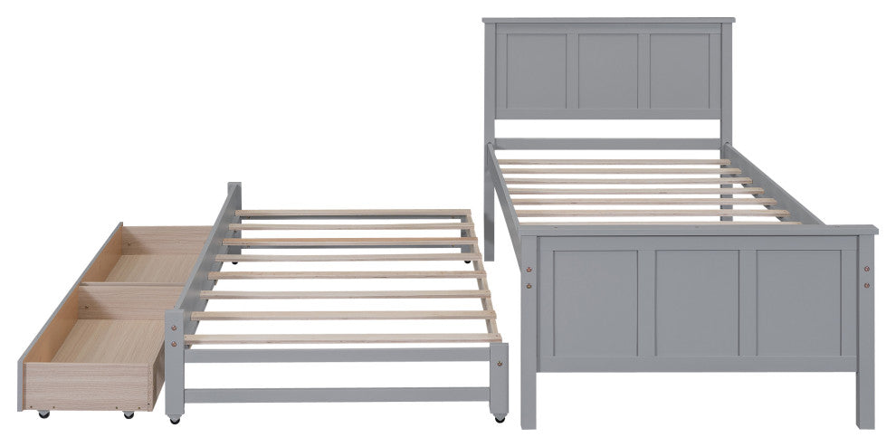 Gewnee Twin Size Platform Bed with Trundle and Drawers, Gray