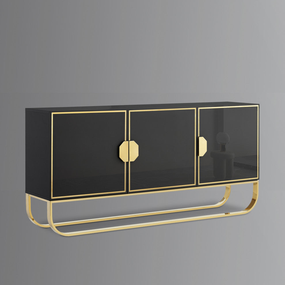 Nicole Miller Jacelynn Sideboard, Black/Gold, 3-Door
