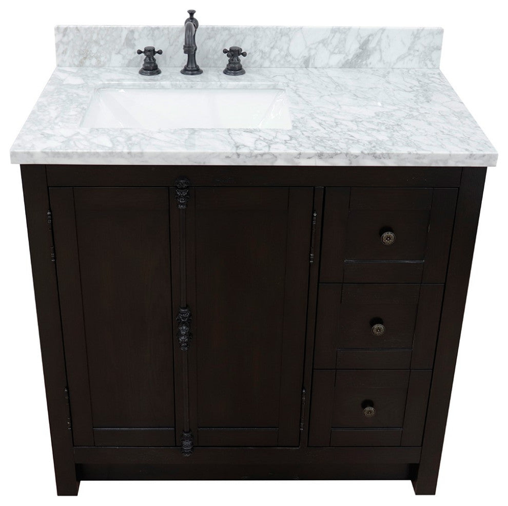 37" Vanity, Brown Ash With White Carrara Top, Left Doors/Left Rectangle Sink