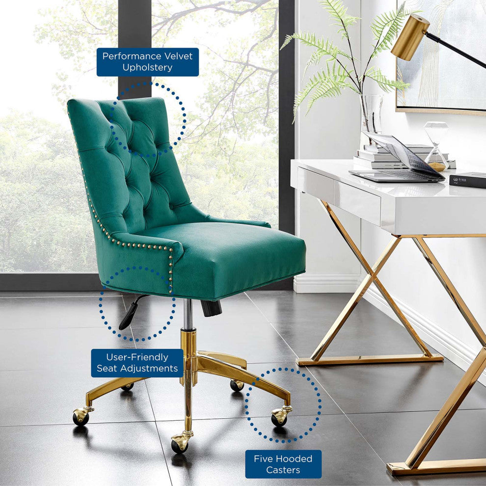 Computer Work Desk Tufted Chair, Velvet, Gold Teal Blue, Home Business Office