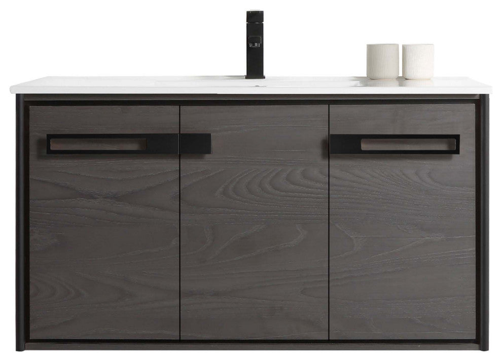 Oakville Wall Mount Bathroom Vanity, Black Coal Oak, 42", Black Hardware