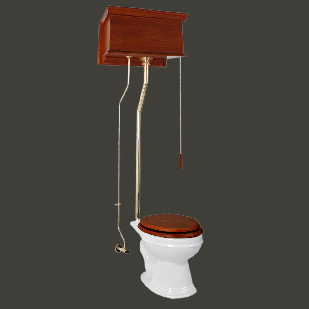 LIGHT MAHOGANY HIGH TANK PULL CHAIN Toilet With White Elongated Toilet Bowl