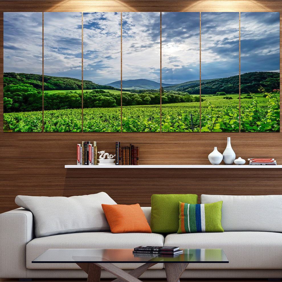 Thunderstorm Weather over Vineyards, Landscape Canvas Print, 83"x32", 7 Panels