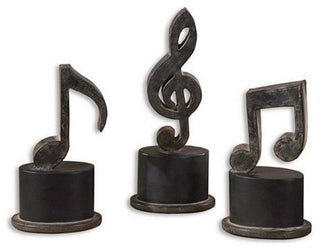 Metal Musical Notes Sculpture Set 3 Classical Music Statues Aged Black