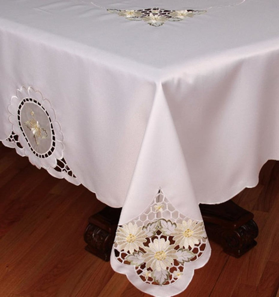 Elegant Daisy Embroidered Cutwork Tablecloth, 70x144