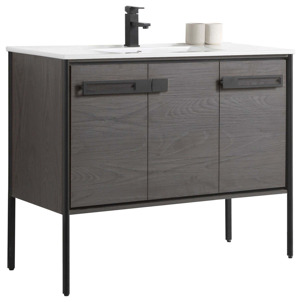 Oakville Bath Vanity, Ceramic Sink, Black Coal Oak, 42 Inch, Black Hardware