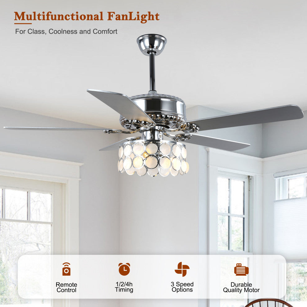 CurveCurio 52" Large Chrome Seashell Shade Ceiling Fan w 3 Light Quiet DC Motor
