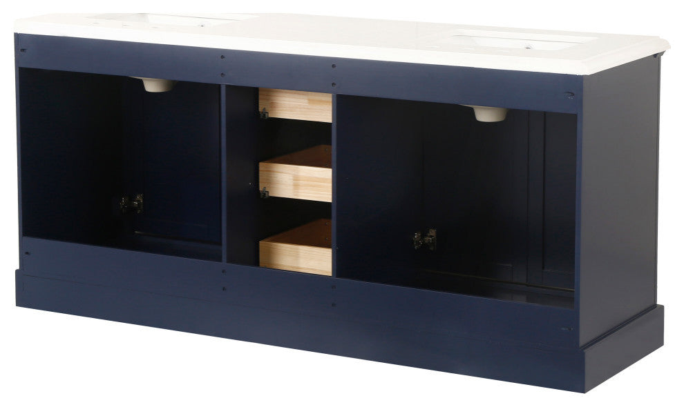 Freestanding Double Bathroom Vanity with White Carrara Marble Top, Navy Blue, 72"