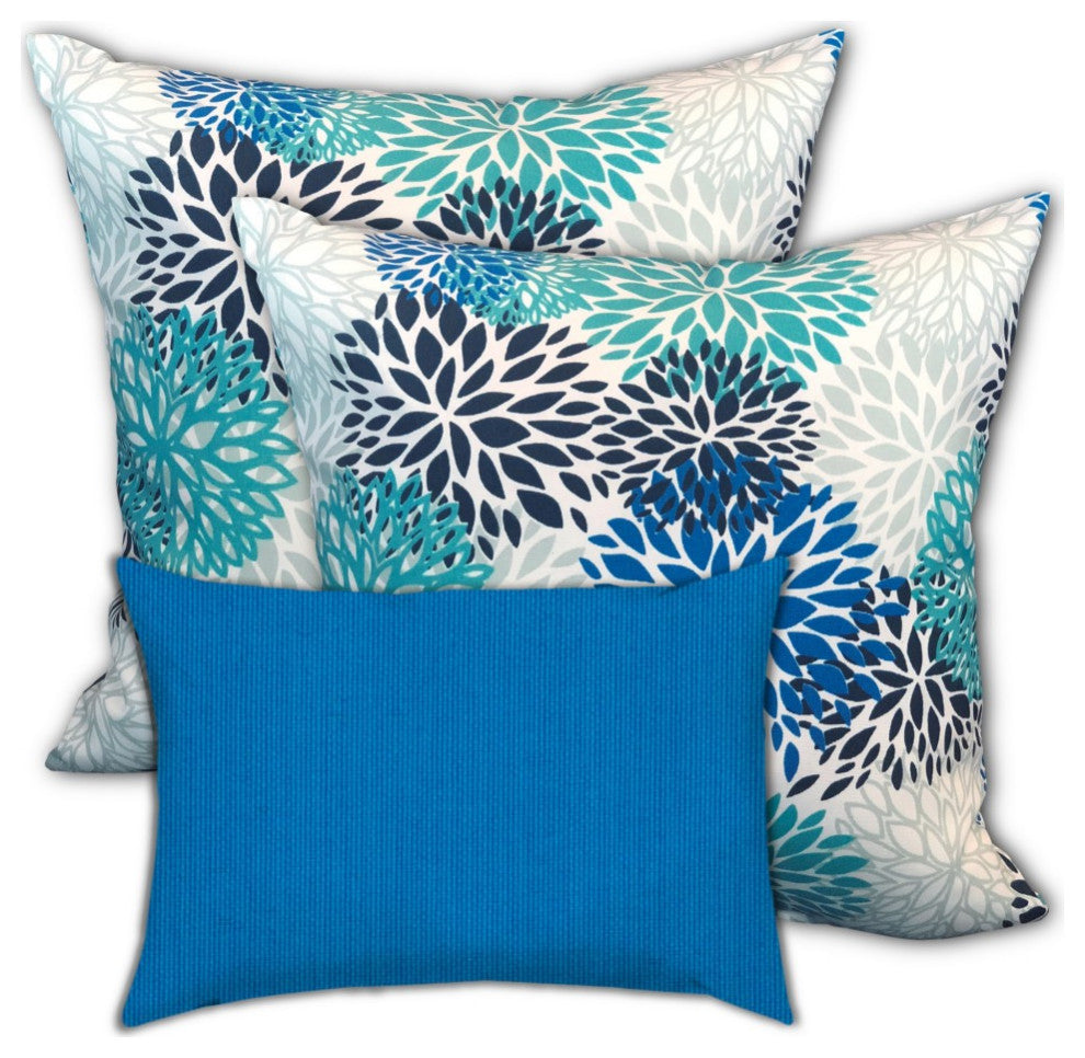 3-Piece Set Blue Blooms Indoor Outdoor Zippered Pillows