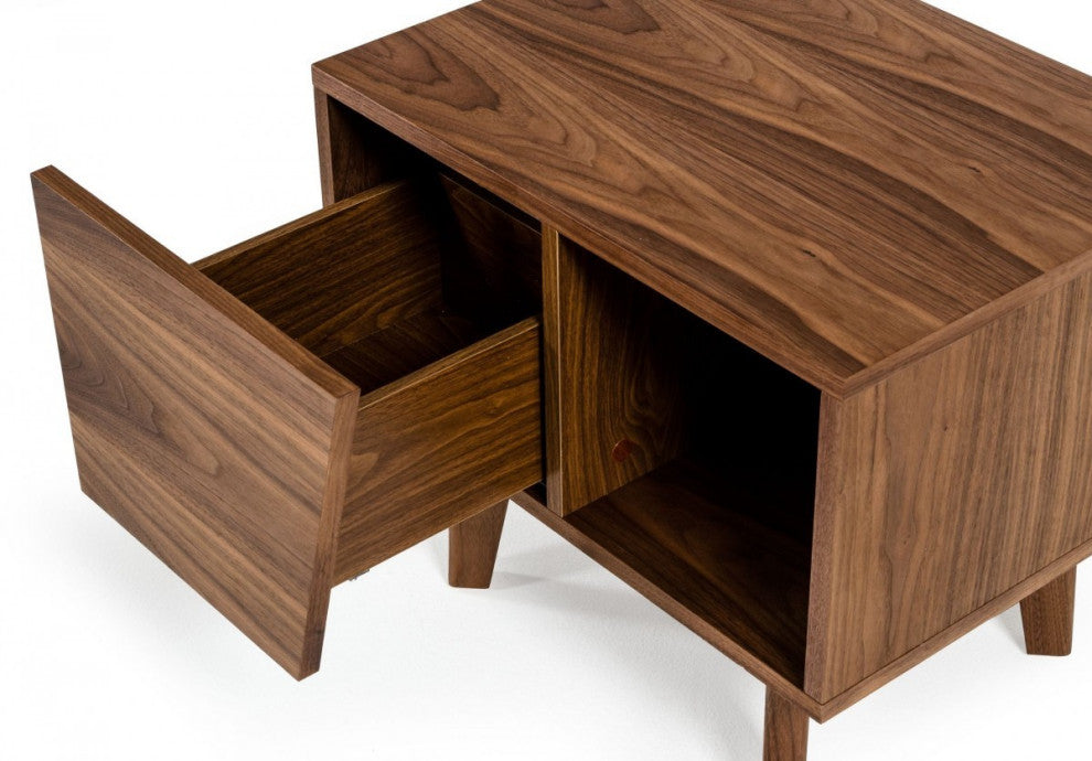 Mid Century Walnut Light Brown Nightstand With One Drawer and One Shelf
