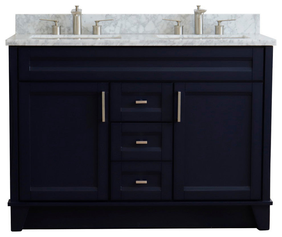 48" Double Sink Vanity, Blue Finish With White Carrara Marble