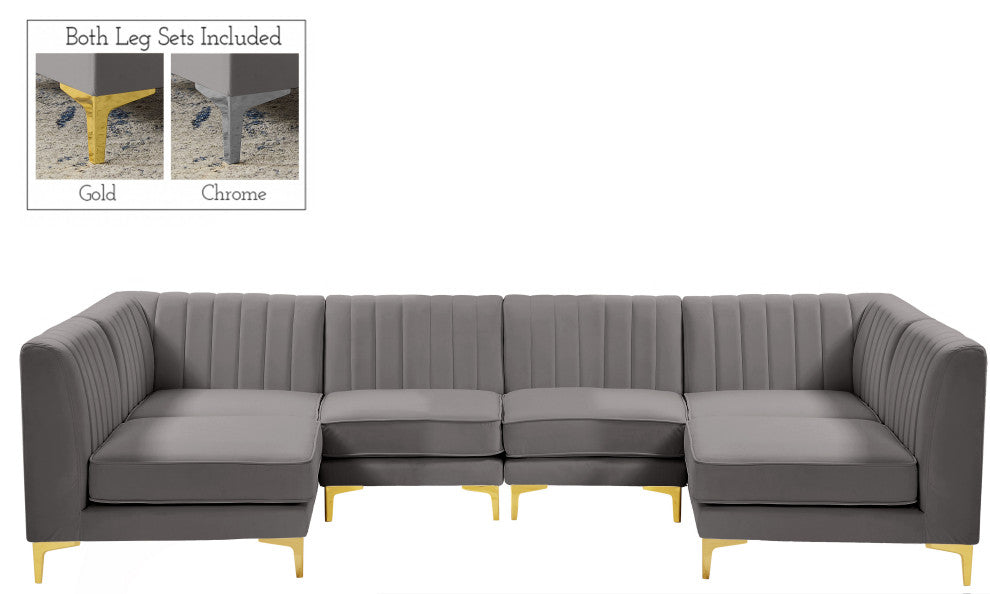 Alina Velvet Modular U-Shaped Sectional, Grey, 6-Piece: 4 Armless Chair, 2 Corner Chair
