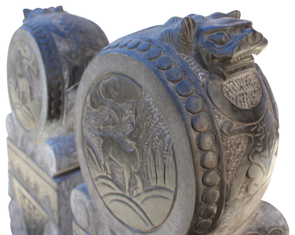 Chinese Pair Gray Black Stone Fengshui Foo Dogs Door Block Drum Statue Hcs4769