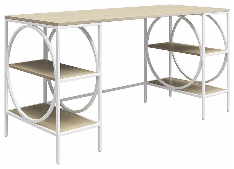 Unique Desk, Double Pedestal Base With Circle Accents & Shelves, Woodgrain/White