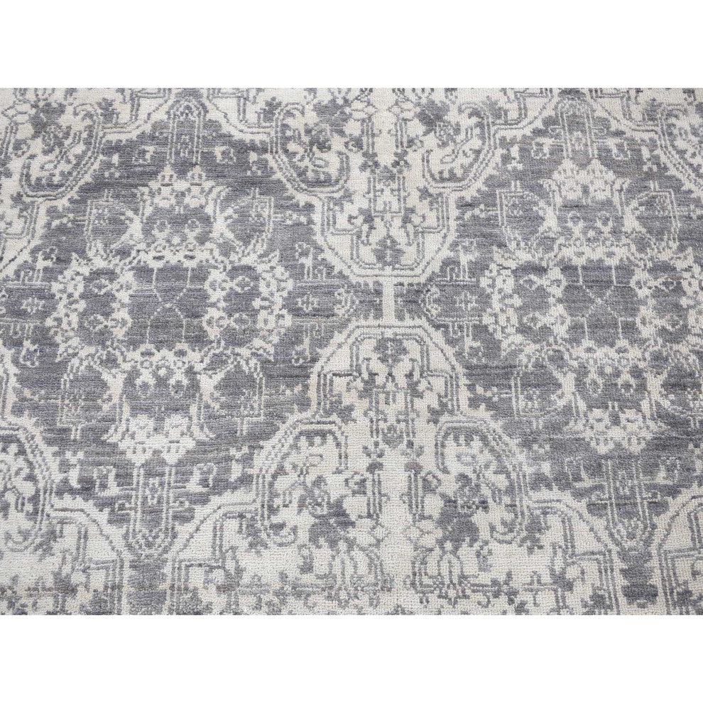Ivory Hand Knotted Wool and Silk Geometric Mughal Design Oriental Rug, 7'9"x10'