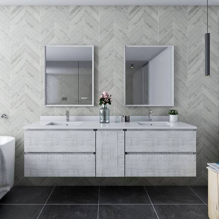 Fresca Formosa Modern 72" Rustic White Double Sink Vanity, Faucet Fft3811ch